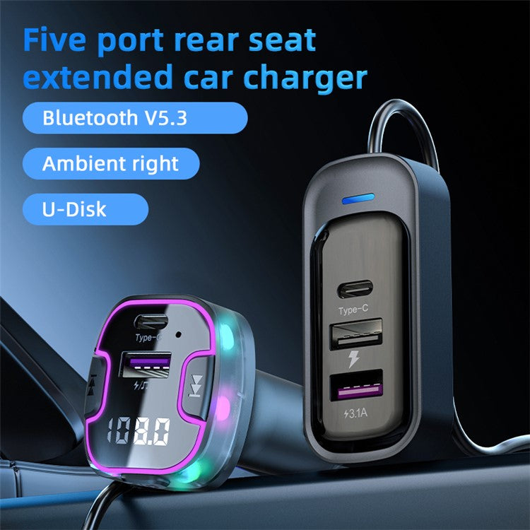 CS6 Rear Seat Extended Car Charger Multi-Port Fast Car Charger with Bluetooth MP3 Play, FM Transmitter Function