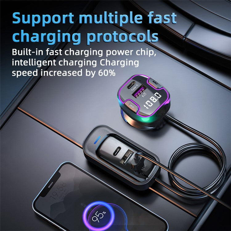 CS6 Rear Seat Extended Car Charger Multi-Port Fast Car Charger with Bluetooth MP3 Play, FM Transmitter Function