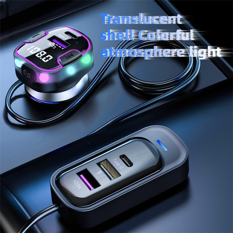 CS6 Rear Seat Extended Car Charger Multi-Port Fast Car Charger with Bluetooth MP3 Play, FM Transmitter Function