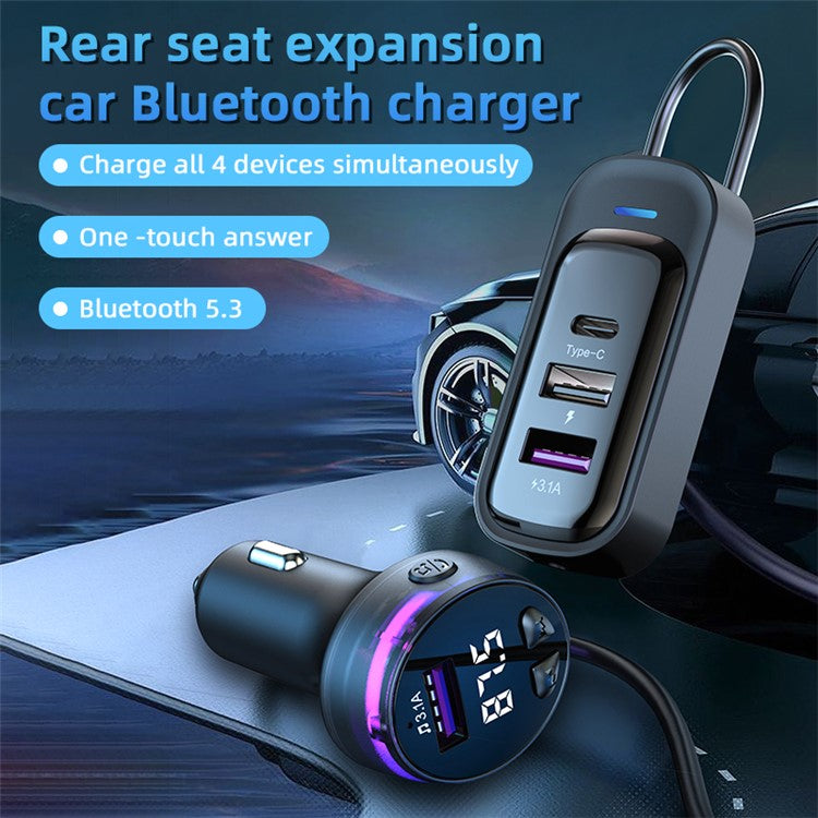 CS8 Rear Seat Extended Fast Car Charger Bluetooth MP3 Play FM Transmitter Multi-Port Car Charger