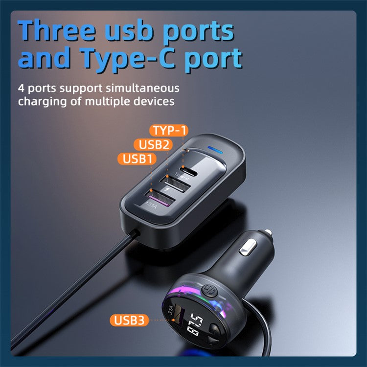 CS8 Rear Seat Extended Fast Car Charger Bluetooth MP3 Play FM Transmitter Multi-Port Car Charger