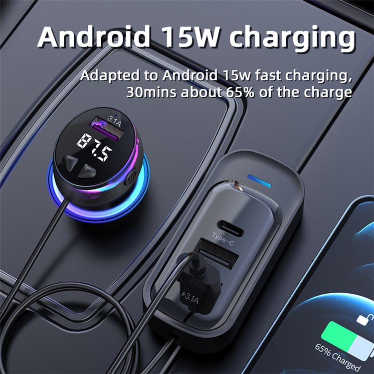 CS8 Rear Seat Extended Fast Car Charger Bluetooth MP3 Play FM Transmitter Multi-Port Car Charger