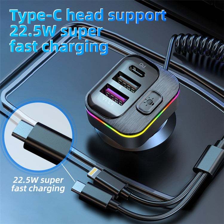 K12 Phone Fast Charging Adapter 2 USB + 1 Type-C PD Car Charger with Type-C / 8-Pin Charging Cable