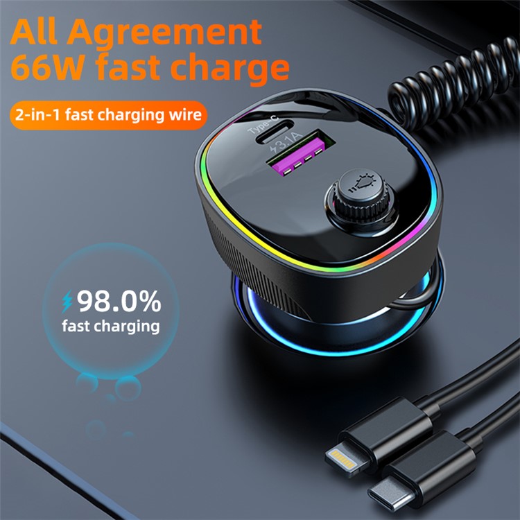 K11  USB + Type-C PD Car Charger Phone Tablet Fast Charging Adapter with Type-C / 8-Pin Charging Cable