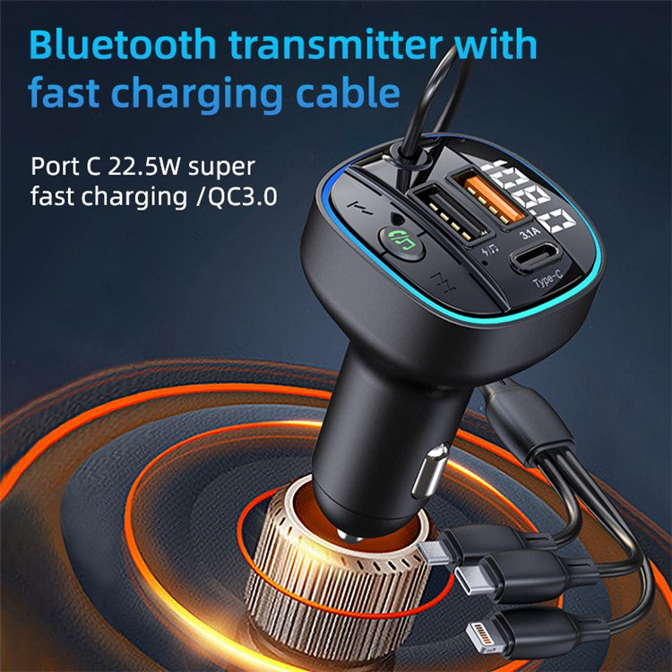 C35 Super Fast Car Charger Three Ports Car Charger Adapter Bluetooth MP3 Player FM Transmitter with 3-in-1 Charging Cable