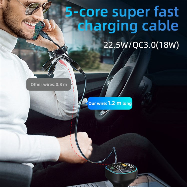 C35 Super Fast Car Charger Three Ports Car Charger Adapter Bluetooth MP3 Player FM Transmitter with 3-in-1 Charging Cable