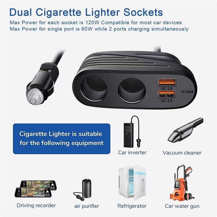 TR-31 Dual Cigarette Lighter Sockets PD 18W High Power Type-C + Dual USB QC 3.0 Fast Charging Quick Charger