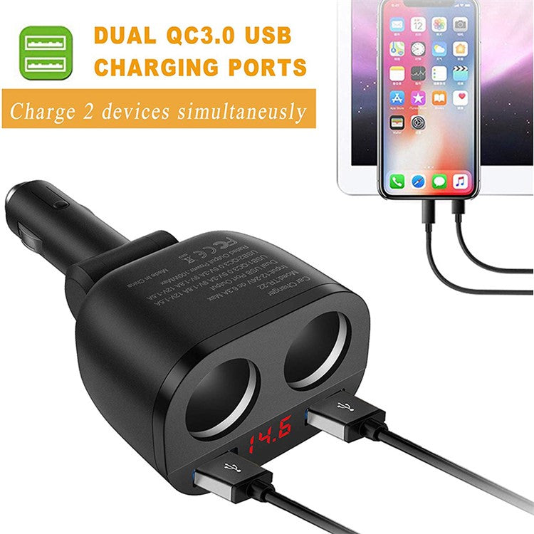 TR-22Q Dual USB QC3.0 Fast Car Charger Digital Display 2-Socket Cigarette Lighter Adapter