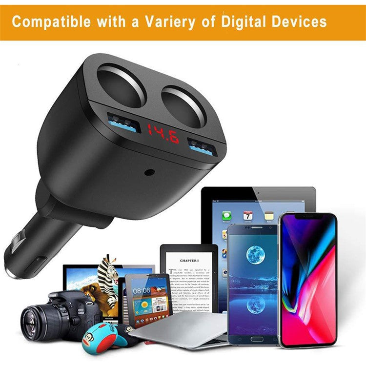 TR-22Q Dual USB QC3.0 Fast Car Charger Digital Display 2-Socket Cigarette Lighter Adapter