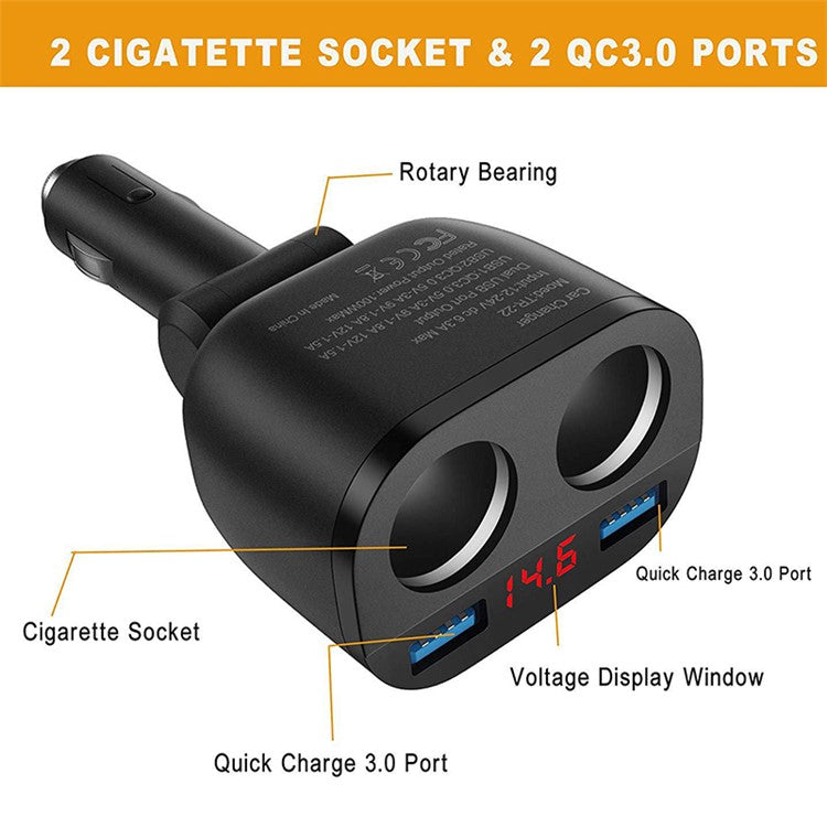 TR-22Q Dual USB QC3.0 Fast Car Charger Digital Display 2-Socket Cigarette Lighter Adapter