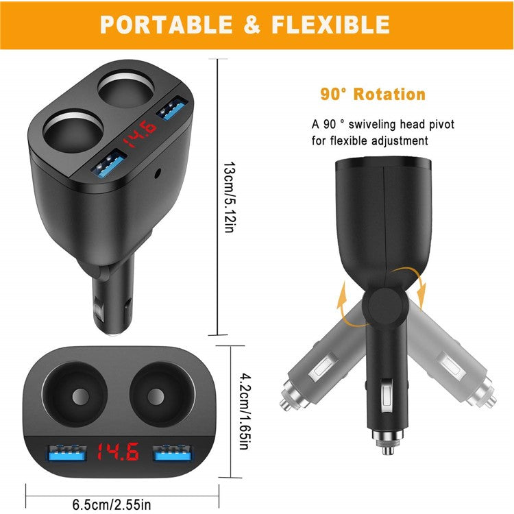 TR-22Q Dual USB QC3.0 Fast Car Charger Digital Display 2-Socket Cigarette Lighter Adapter