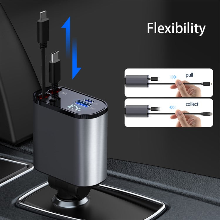 X16 100W Super Fast Charging Retractable Car Charger 180-Degree Rotating Type-C / iP Cable Car Charger