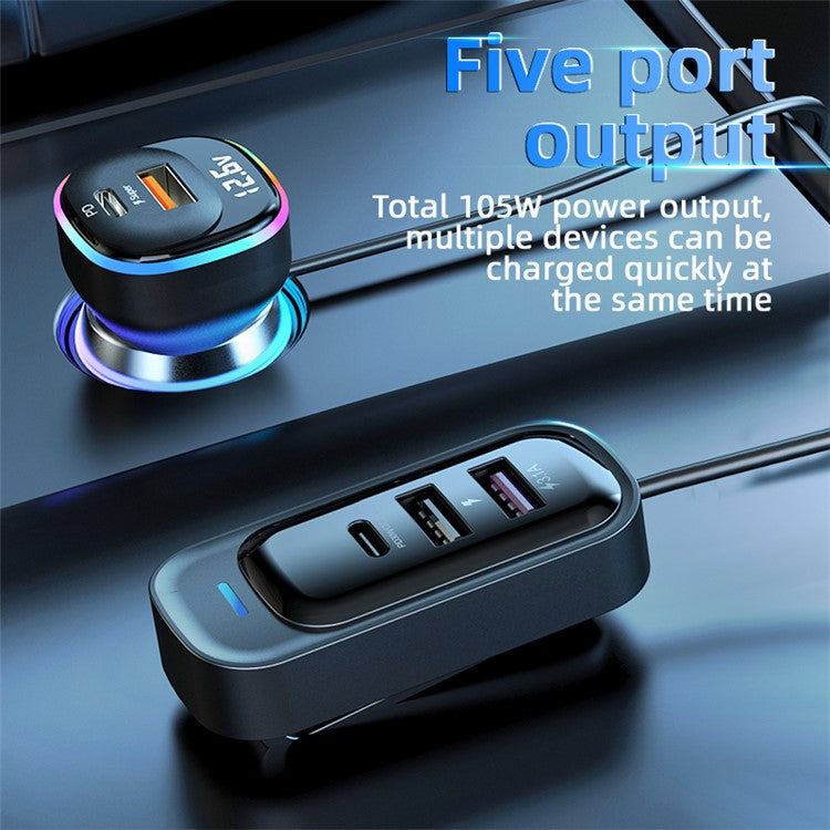 YQ5 5 Multi Ports USB C Car Charger for Rear Seat 105W Fast Car Charger PD 30W Cigarette Lighter Adapter