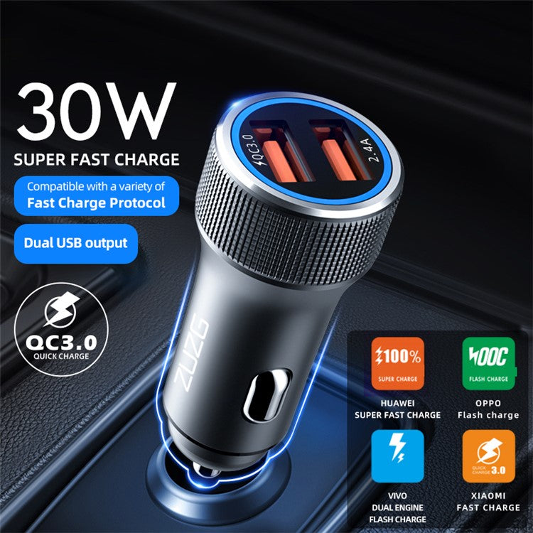 ZUZG ZC-C02QS Dual USB Car Charger ABS+Aluminum Alloy Phone Fast Charging Adapter - Grey