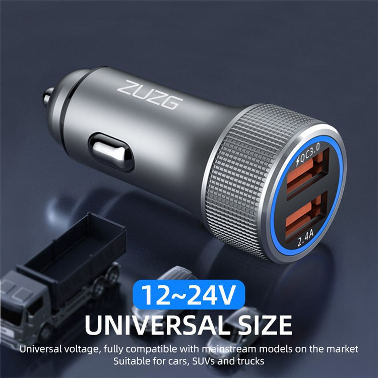 ZUZG ZC-C02QS Dual USB Car Charger ABS+Aluminum Alloy Phone Fast Charging Adapter - Grey