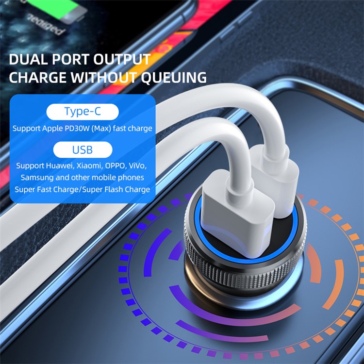 ZUZG ZC-C15PD USB + Type-C PD 30W Car Charger Aluminum Alloy Phone Charging Adapter - Grey