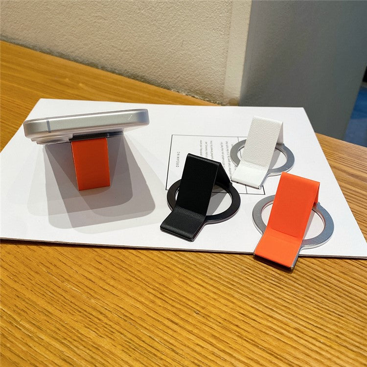 Alloy + PU Leather Kickstand Compatible with MagSafe Phone Holder - Silver  /  Orange