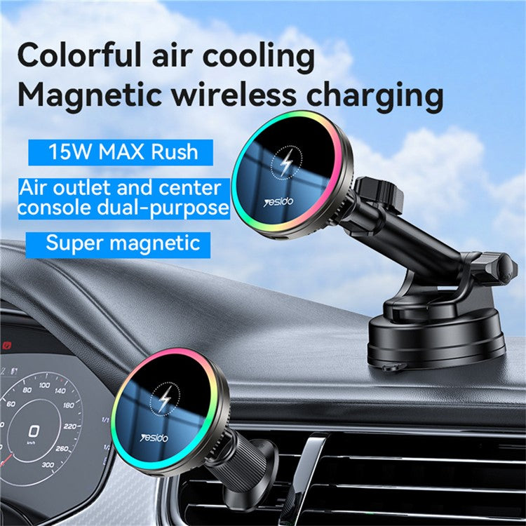 YESIDO C315 Car Wireless Charger Set Suction Cup Air Vent Mount RGB Lighting Cooling Fan 15W Fast Charging Stand