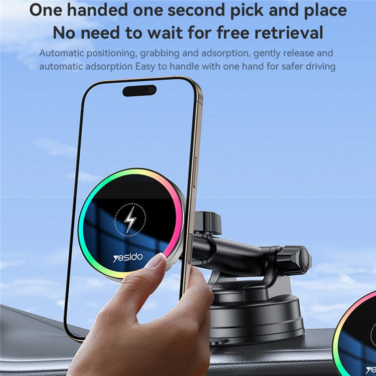 YESIDO C315 Car Wireless Charger Set Suction Cup Air Vent Mount RGB Lighting Cooling Fan 15W Fast Charging Stand