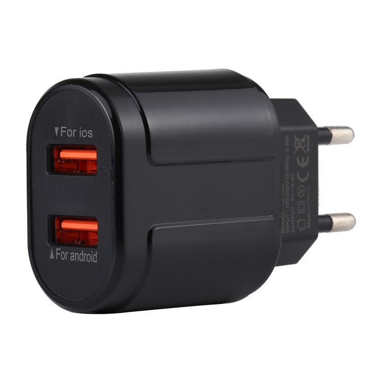 LZ-022 5V 2.4A Dual USB Ports Wall Charger Travel Power Adapter for iOS Android - Black