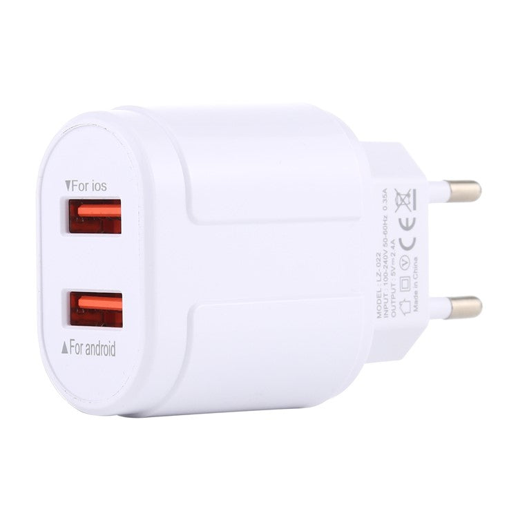 LZ-022 5V 2.4A Dual USB Ports Wall Charger Travel Power Adapter for iOS Android - White