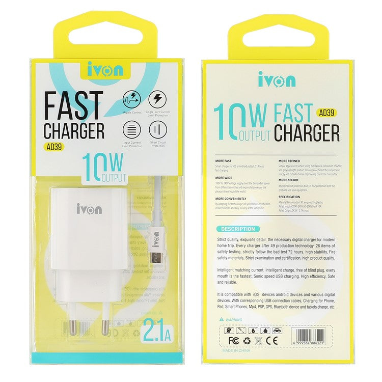 IVON AD39 10W Fast Charging Wall Charger Portable EU Plug Power Adapter with Micro USB Cable