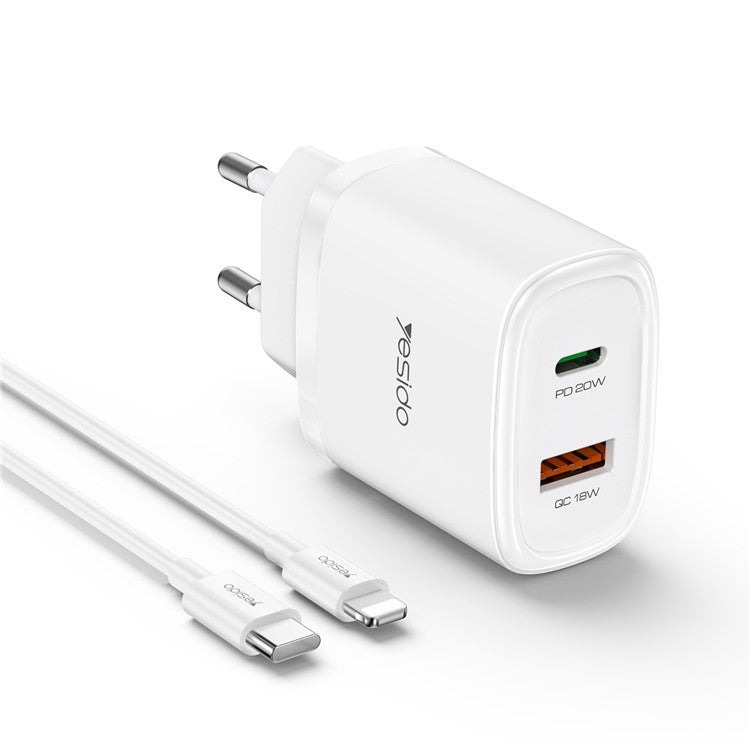 YESIDO YC47 20W EU Plug USB+Type-C Charging Adapter Wall Charger with Type-C to iP Cable - White