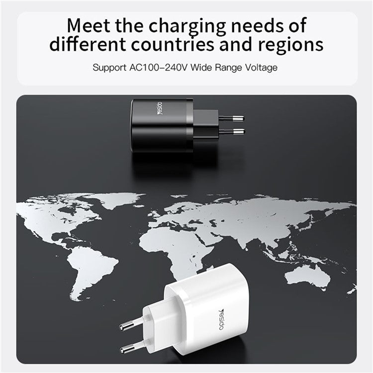 YESIDO YC47 20W EU Plug USB+Type-C Charging Adapter Wall Charger with Type-C to iP Cable - White