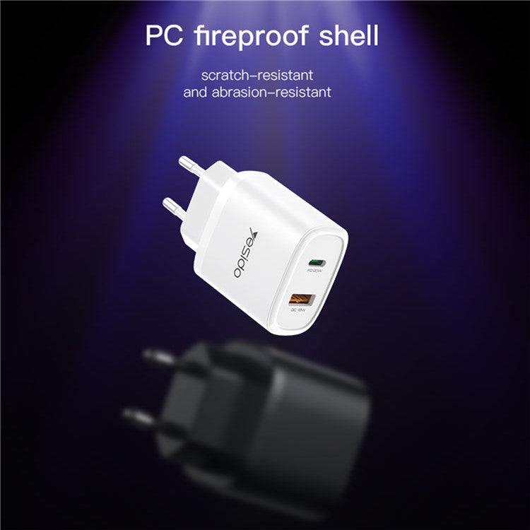 YESIDO YC47 20W EU Plug USB+Type-C Charging Adapter Wall Charger with Type-C to iP Cable - White