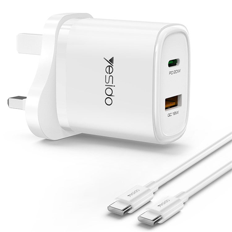 YESIDO YC49 Wall Charger UK Plug 20W USB+Type-C Charging Adapter with Type-C Cable