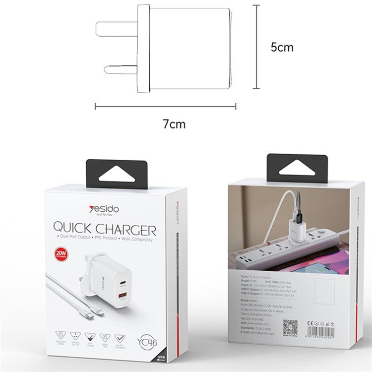 YESIDO YC49 Wall Charger UK Plug 20W USB+Type-C Charging Adapter with Type-C Cable