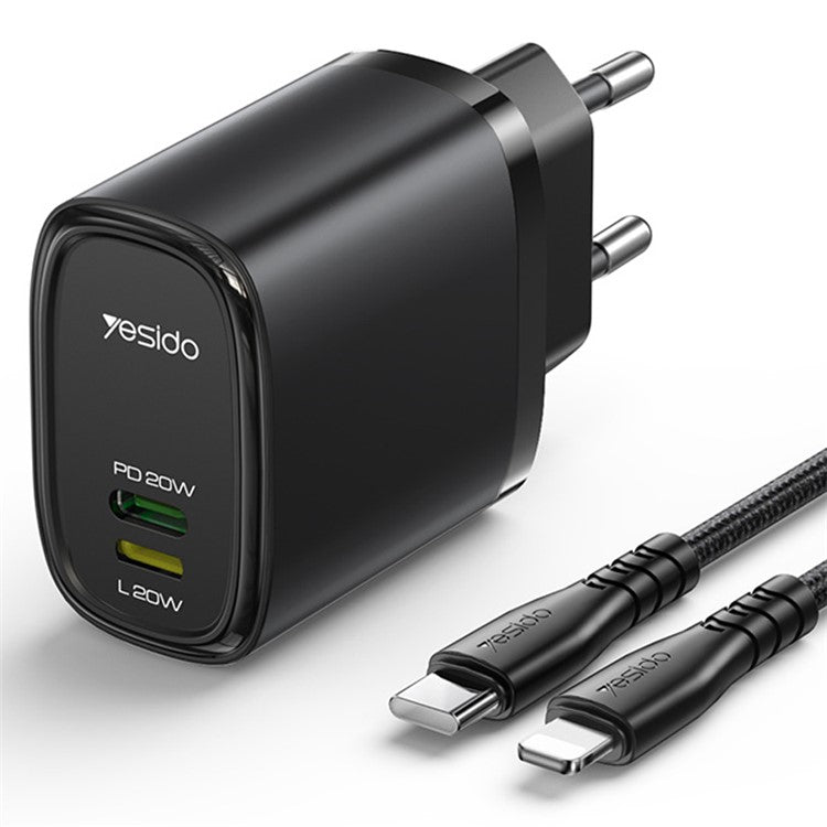 YESIDO YC44 PD 20W Fast Charging USB+8-Pin Adapter EU Plug Travel Charger with 1m Cable - Black