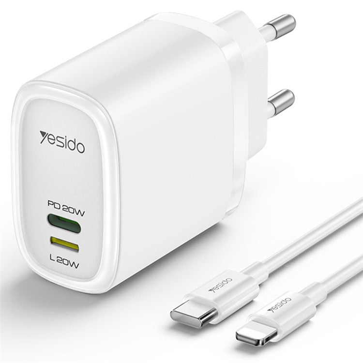 YESIDO YC44 PD 20W Fast Charging USB+8-Pin Adapter EU Plug Travel Charger with 1m Cable - White