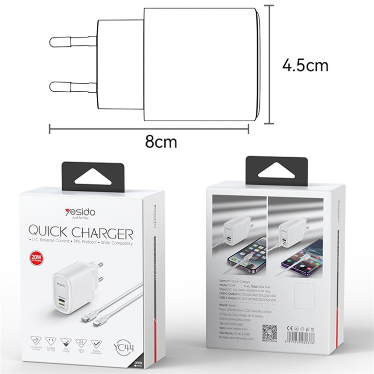 YESIDO YC44 PD 20W Fast Charging USB+8-Pin Adapter EU Plug Travel Charger with 1m Cable - White