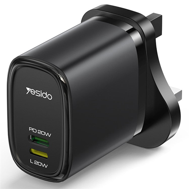 YESIDO YC43 20W Wall Charger Type-C + 8-Pin Phone Charging Adapter with Cable, UK Plug - Black