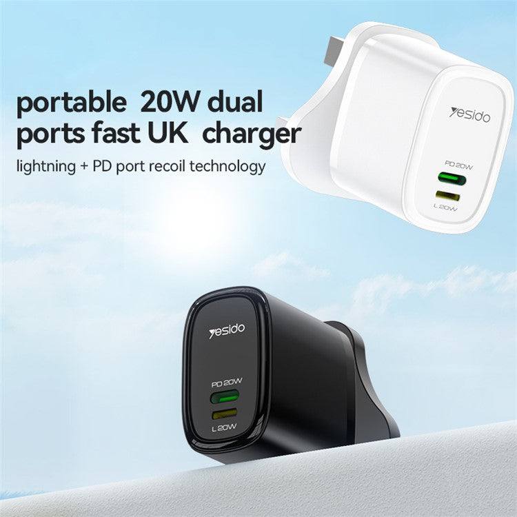 YESIDO YC43 20W Wall Charger Type-C + 8-Pin Phone Charging Adapter with Cable, UK Plug - Black