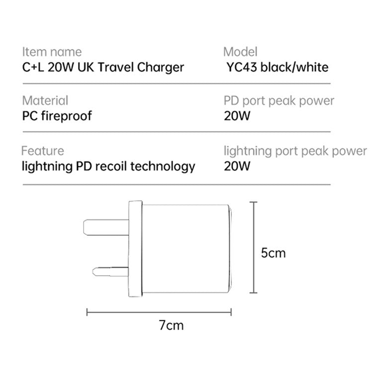 YESIDO YC43 20W Wall Charger Type-C + 8-Pin Phone Charging Adapter with Cable, UK Plug - Black