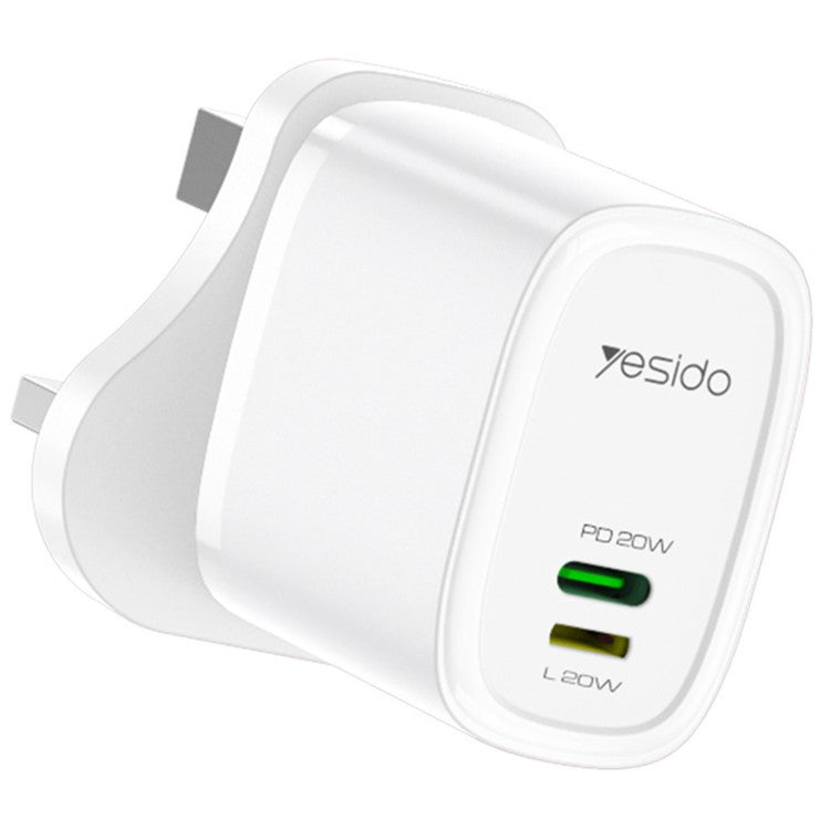 YESIDO YC43 20W Wall Charger Type-C + 8-Pin Phone Charging Adapter with Cable, UK Plug - White