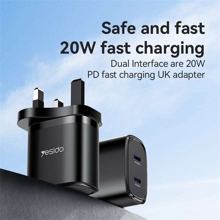 YESIDO YC53 20W UK Plug Charging Adapter Wall Charger with Type-C to iP Cable - Black