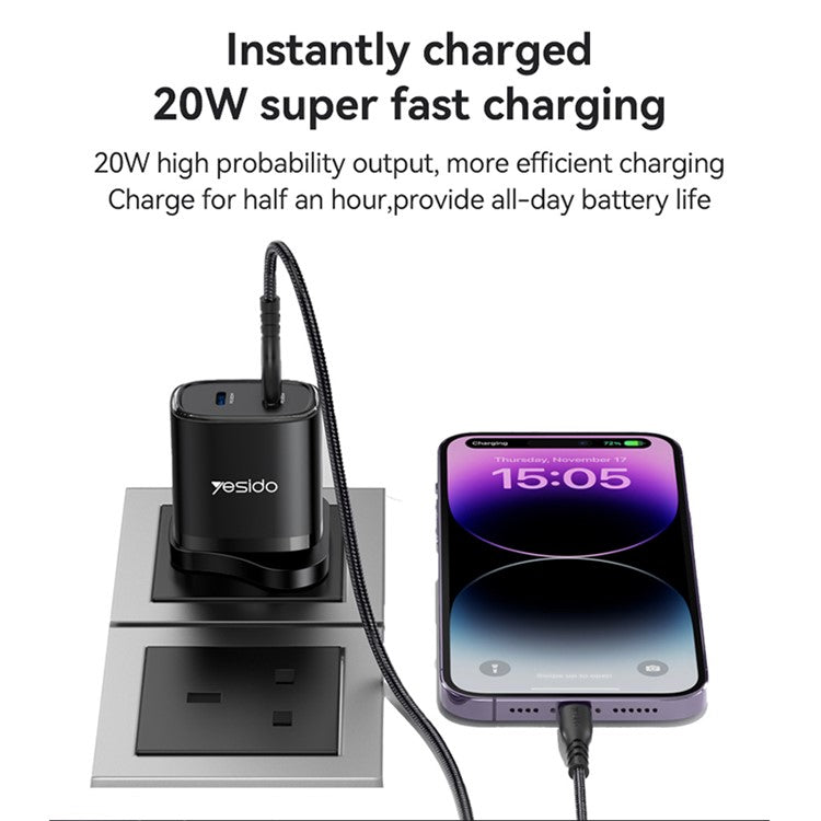 YESIDO YC53 20W UK Plug Charging Adapter Wall Charger with Type-C to iP Cable - Black