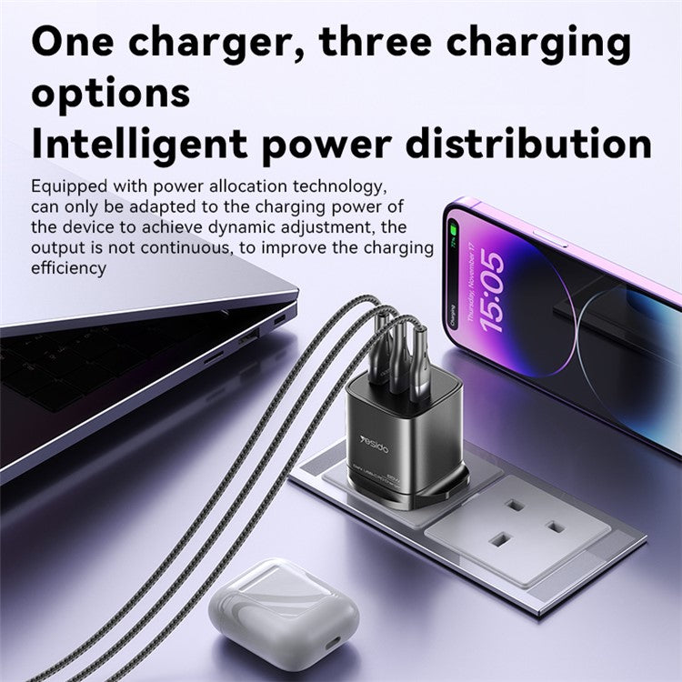 YESIDO YC84 USB + 2 Type-C 65W Fast Charging Travel GaN Power Adapter, UK Plug