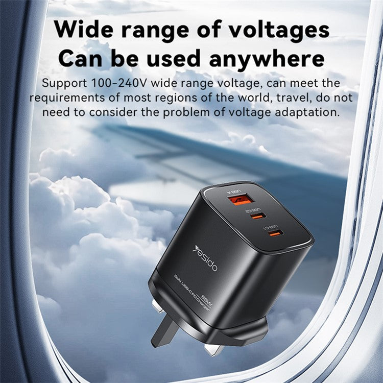 YESIDO YC84 USB + 2 Type-C 65W Fast Charging Travel GaN Power Adapter, UK Plug