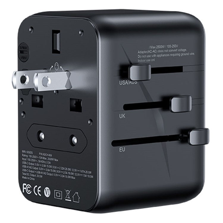 XUNDD XDCH-069 International Travel Power Adapter 20W 3-Port USB Wall Charger