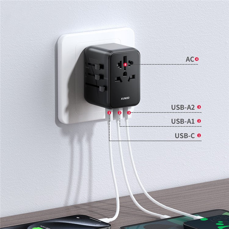 XUNDD XDCH-069 International Travel Power Adapter 20W 3-Port USB Wall Charger