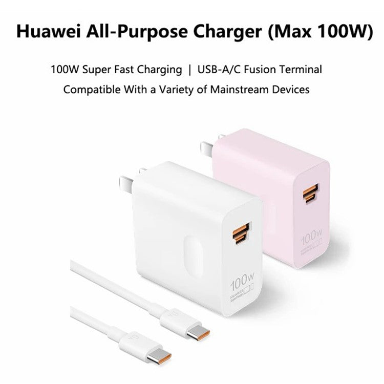 HUAWEI HW-200500C02 100W High Power Adapter USB-A + Type-C CN Plug Wall Charger with Cable - Pink