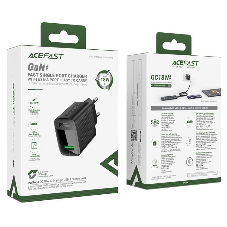 ACEFAST A90 QC 18W GaN Wall Charger Single USB-A Port Power Adapter for Laptops, Tablets and Phones - EU Plug