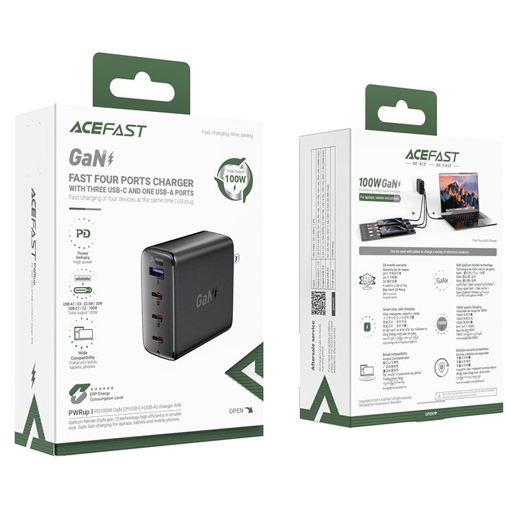 ACEFAST A96 GaN 2 Fast Charger PD 100W 4-Port Power Adapter Travel Charger - US Plug