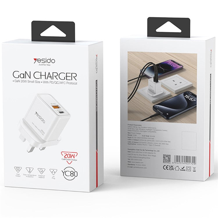 YESIDO YC80 GaN Wall Charger 20W USB+Type-C UK Plug Charging Adapter