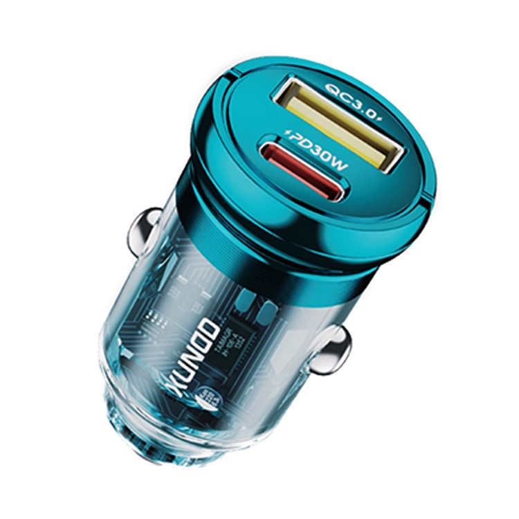 XUNDD XDCH-079 Car Charger Pull Tab PD 30W + QC3.0 Cigarette Lighter Adapter with Indicator Light - Blue