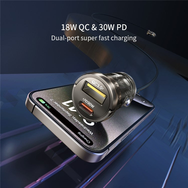 XUNDD XDCH-079 Car Charger Pull Tab PD 30W + QC3.0 Cigarette Lighter Adapter with Indicator Light - Black